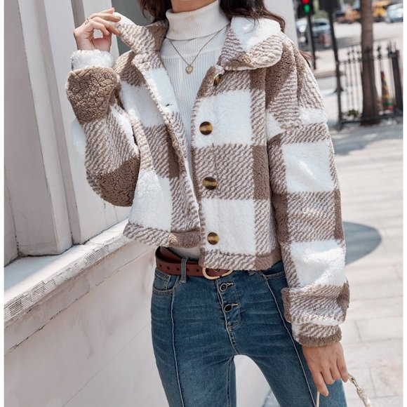 Plaid Button Front Teddy Jacket 50% OFF - Picture 2 of 7